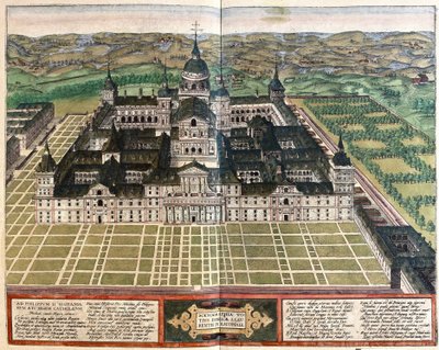 Klooster (Paleis van koning Filips II), Spanje (gravure) door Georg Braun and Hogenberg Franz