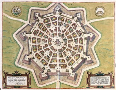 Palmanova, provincie Udine, Italië (gravure) door Georg Braun and Hogenberg Franz