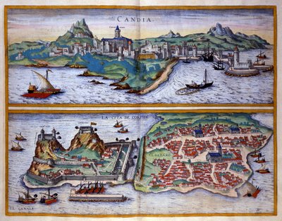 Uitzicht op de haven van Candie (het huidige Heraklion) op Kreta en de haven van Corfu in Griekenland. Gravure door George Braun in 