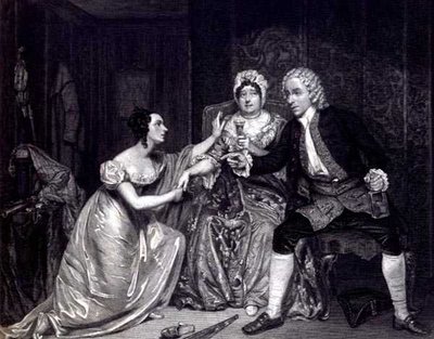 Mr Blanchard, Mrs Davenport en Miss M. Tree als Peachum, Mrs Peachum en Polly in 