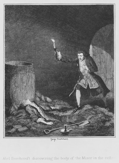 Abel Beechcroft ontdekt het lichaam van de Vrek in de kelder (gravure) door George (after) Cruikshank