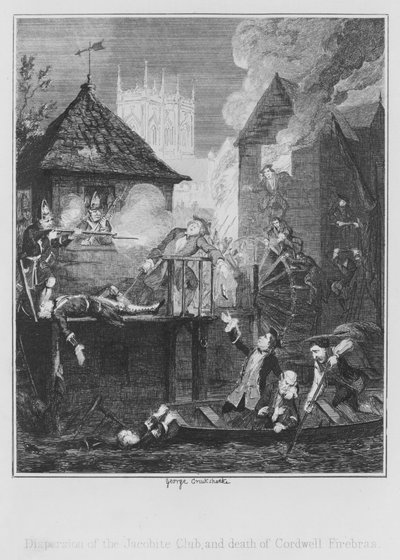 Verspreiding van de Jacobite Club en dood van Cordwell Firebras (gravure) door George (after) Cruikshank