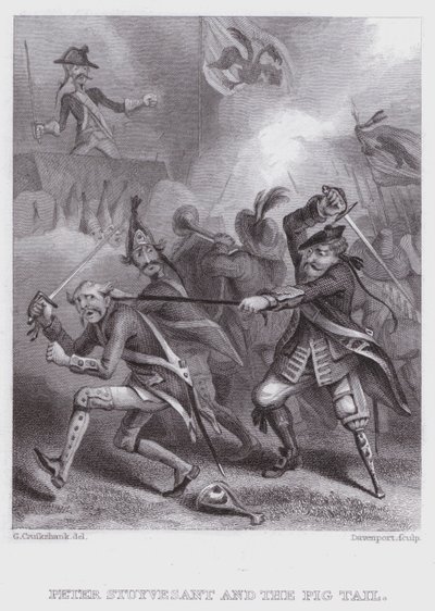 Peter Stuyvesant en de varkensstaart door George (after) Cruikshank
