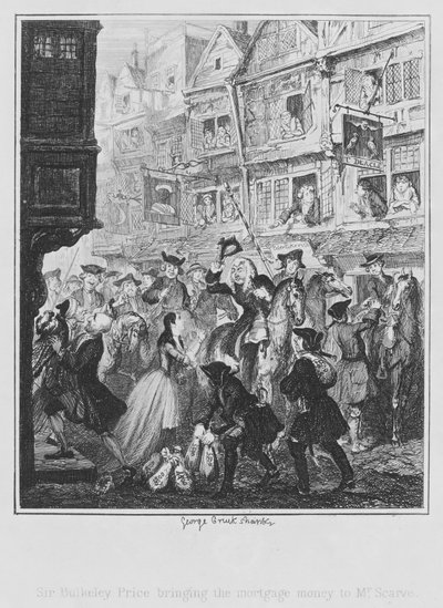 Sir Bulkeley Price brengt het hypotheekgeld naar Mr Scarve (gravure) door George (after) Cruikshank
