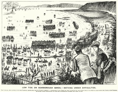Punch cartoon: Laag Tij op Scarborough Sands - Baden onder Moeilijkheden (gravure) door George (after) Du Maurier