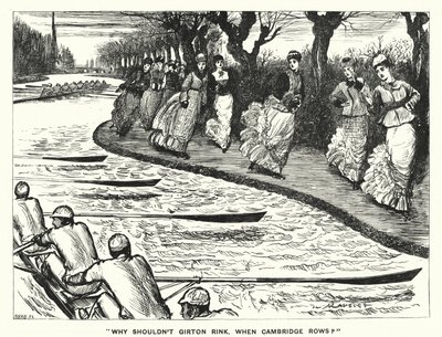 Punch cartoon: Waarom zou Girton niet schaatsen als Cambridge roeit? door George (after) Du Maurier