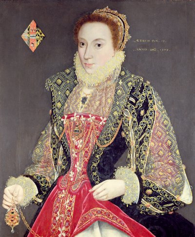 Mary Denton, geboren Martyn, 15 jaar oud in 1573 (olieverf op paneel) door George (attr. to) Gower