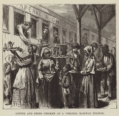 Koffie en gebakken kip op een treinstation in Virginia door George Augustus Sala