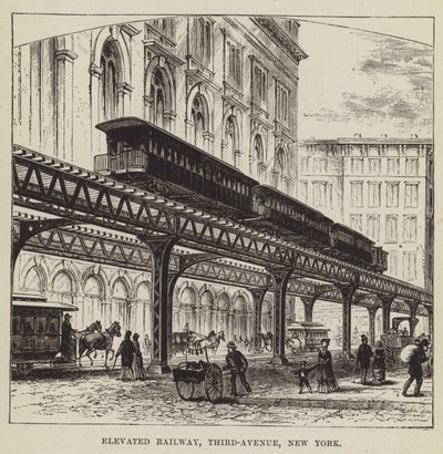 Verhoogde spoorweg, Third Avenue, New York door George Augustus Sala