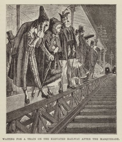 Wachten op een trein op de verhoogde spoorweg na het gemaskerd bal door George Augustus Sala