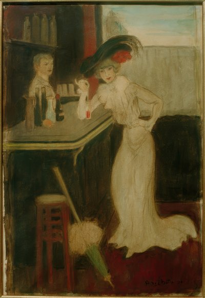 Vrouw met parasol aan de bar door George Bottini