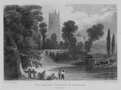 Tiverton Kerk en Brug, Devonshire (gravure) door George Bryant Campion