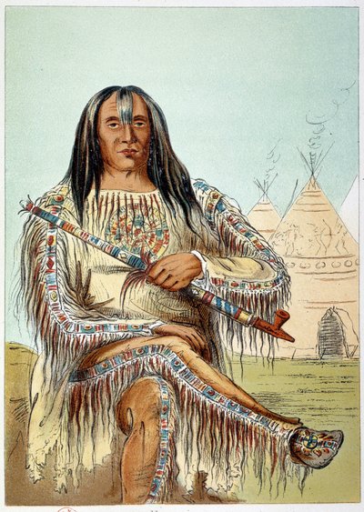 Amerikaanse Indianen: Portret van een leider van de Blackfoot-stam (Blackfeet) ongeveer 50 jaar oud. Illustratie door George Catlin door George Catlin