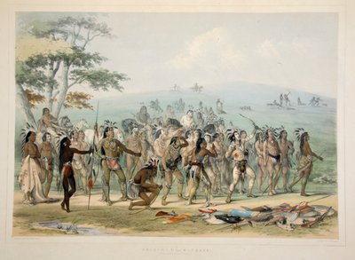 Boogschieten van de Mandans, pub. 1845 kleurenlithografie door George Catlin