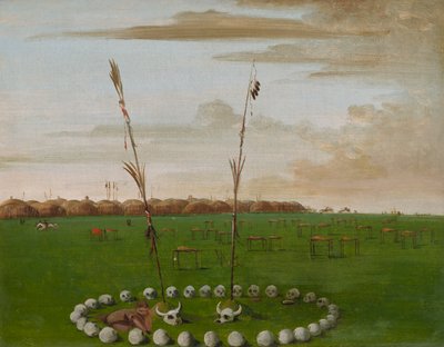 Achteraanzicht van Mandan Village, met de begraafplaats door George Catlin