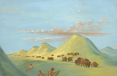 Batiste, Bogard en ik naderen Buffalo op de Missouri door George Catlin
