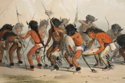 Buffalo Dance (detail), uitgegeven 1845, kleurenlithografie door George Catlin
