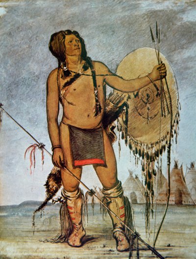 Comanche krijger met een schild, lans en boog en pijlen, c.1835 door George Catlin
