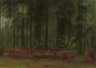 Uitgraven van een kano - Nayas Indianen, 1855-1869 door George Catlin