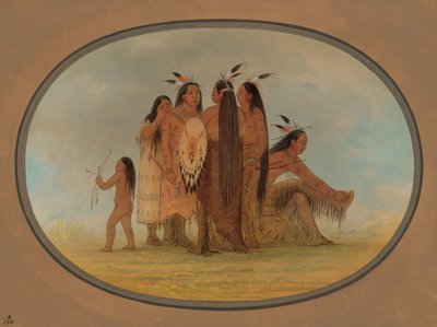 Vier Mandan Krijgers, een Meisje en een Jongen door George Catlin