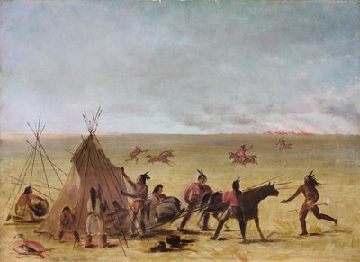 Indiaanse familie gealarmeerd bij de nadering van een prairiebrand door George Catlin