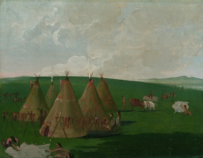 Sioux kamperen aan de Upper Missouri, buffelvlees en gewaden kleden zich aan door George Catlin
