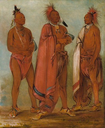 Wa-másh-ee-sheek, Hij Die Wegneemt; Wa-chésh-uk, Oorlog; Mink-chésk, Drie Voorname Jonge Mannen door George Catlin