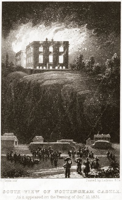 Nottingham Castle in brand, gezien vanuit het zuiden door George Childs