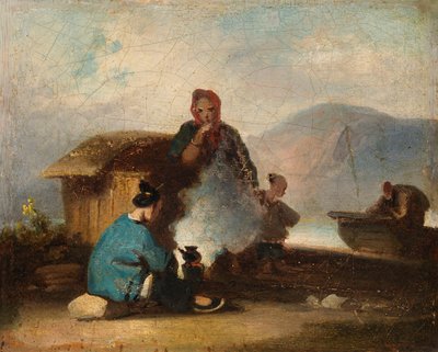 Chinese scène, vrouwen die thee zetten door George Chinnery