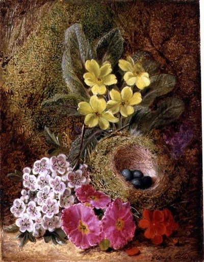 Stilleven met vogelnest en sleutelbloemen door George Clare
