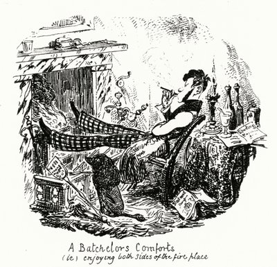 Het comfort van een vrijgezel (gravure) door George Cruikshank