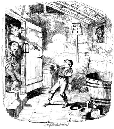 Een man schiet een jonge jongen neer die hij verdenkt van diefstal, 19e eeuw door George Cruikshank