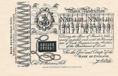 Een satirisch bankbiljet: misdaad, straf en protest, 1819 door George Cruikshank