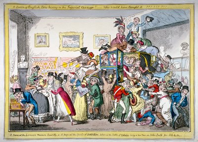 Een zwerm Engelse bijen die in de keizerlijke koets zwermen!! een scène in het London Museum, 1816 door George Cruikshank
