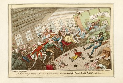 Een interessante scène aan boord van een Oost-Indiëvaarder, toont de effecten van een zware slingering, uitgegeven 1818 door George Cruikshank