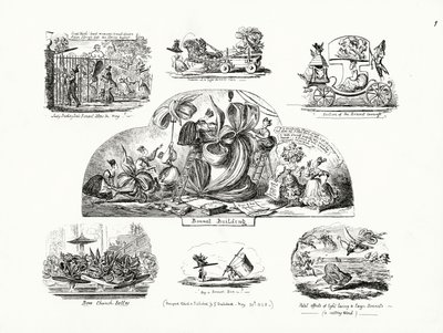 Cartoons door George Cruikshank over het thema van buitenproportionele dameshoeden door George Cruikshank