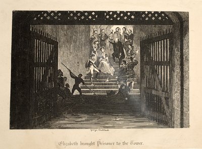 Elizabeth Gevangen Naar de Toren, uit De Toren van Londen, gepubliceerd 1840 door George Cruikshank
