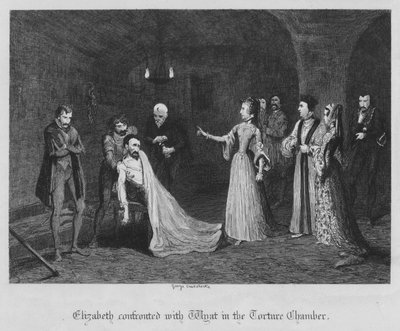 Elizabeth geconfronteerd met Wyat in de martelkamer door George Cruikshank