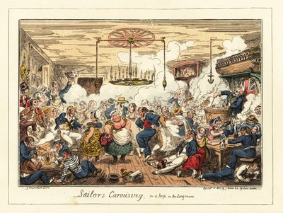 Engelse matrozen drinken en dansen in een kroeg, Napoleontische tijd, 1829 (lithografie) door George Cruikshank