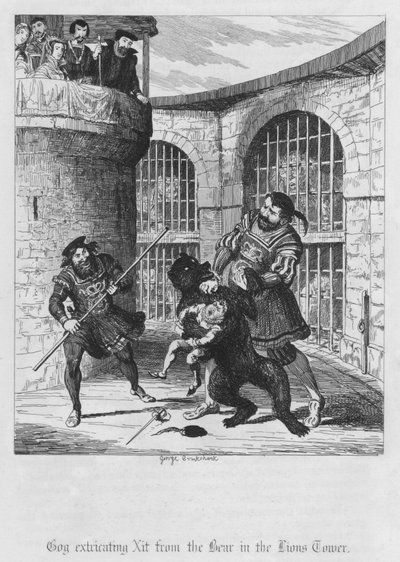 Gog bevrijdt Xit van de Beer in de Leeuwentoren door George Cruikshank
