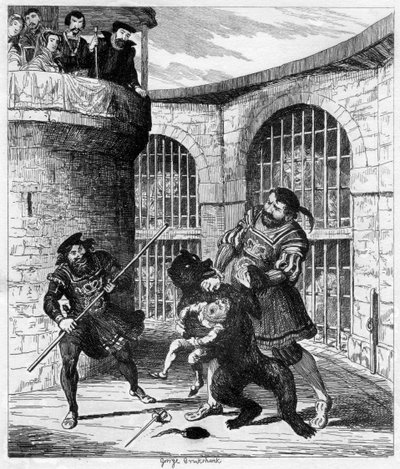 Gog bevrijdt Xit uit de beer in de Leeuwentoren, 1840 door George Cruikshank