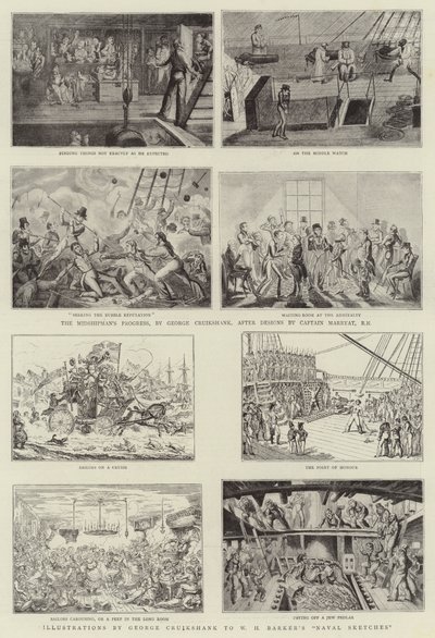Humoristische kunst op de Royal Naval Exhibition door George Cruikshank