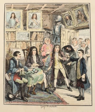 Jack Sheppard beschuldigt Thames Darrell van diefstal, illustratie uit Jack Sheppard: A Romance door William Harrison Ainsworth, gepubliceerd 1839 door George Cruikshank