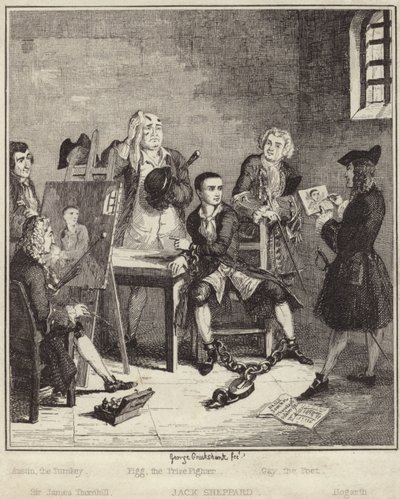 Jack Sheppard laat zijn portret schilderen door Sir James Thornhill in de gevangenis door George Cruikshank