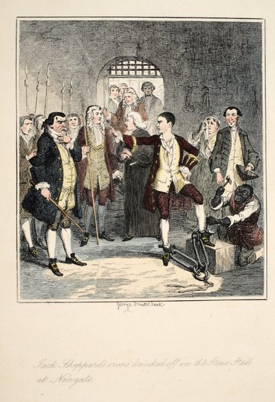 Jack Sheppards kettingen worden afgebroken in de Stone Hall in Newgate, illustratie uit Jack Sheppard: A Romance door William Harrison Ainsworth, uitgegeven 1839 door George Cruikshank