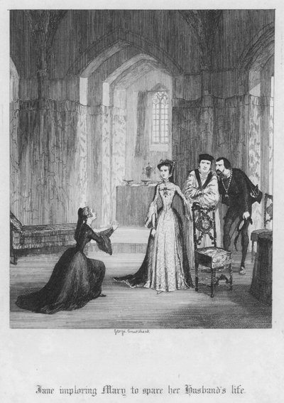 Jane smeekt Mary om het leven van haar man te sparen (gravure) door George Cruikshank