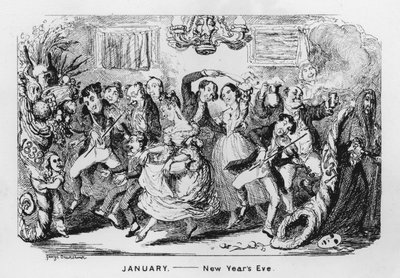 Januari, Oudejaarsavond (gravure) door George Cruikshank