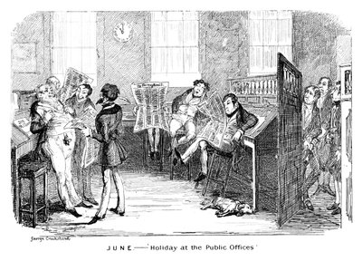 Juni - Vakantie bij de Openbare Kantoren, ca. 1836 door George Cruikshank