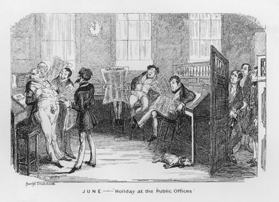 Juni, Vakantie bij de Publieke Kantoren (gravure) door George Cruikshank