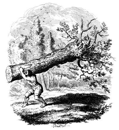 Man die een grote boomstam op zijn schouder draagt door George Cruikshank